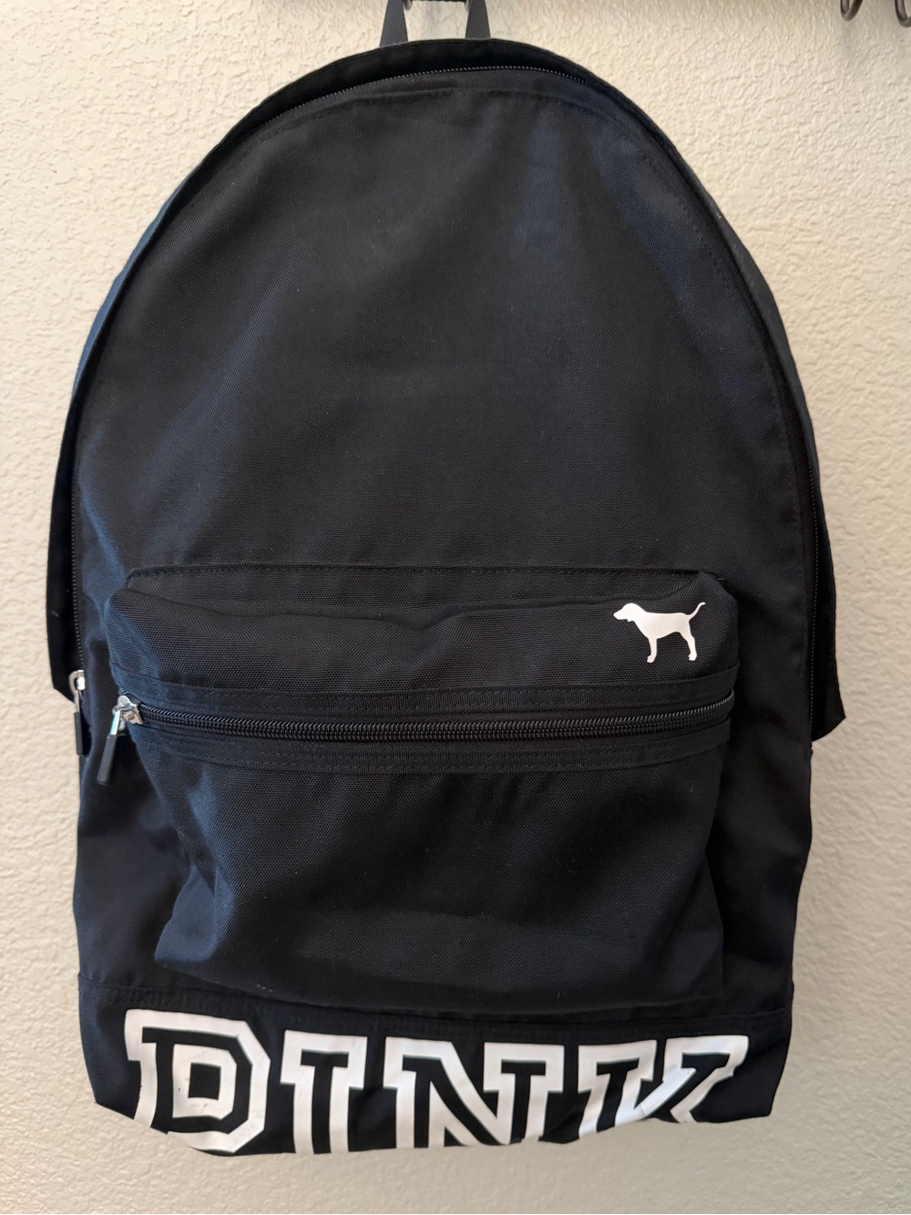Victoria's Secret PINK Black Logo Backpack with multiple compartments. LIKE NEW